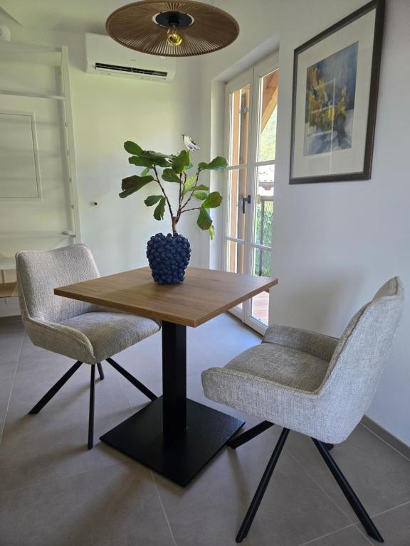 a table with two chairs and a vase with a plant on it at Fischerhof in Cortaccia