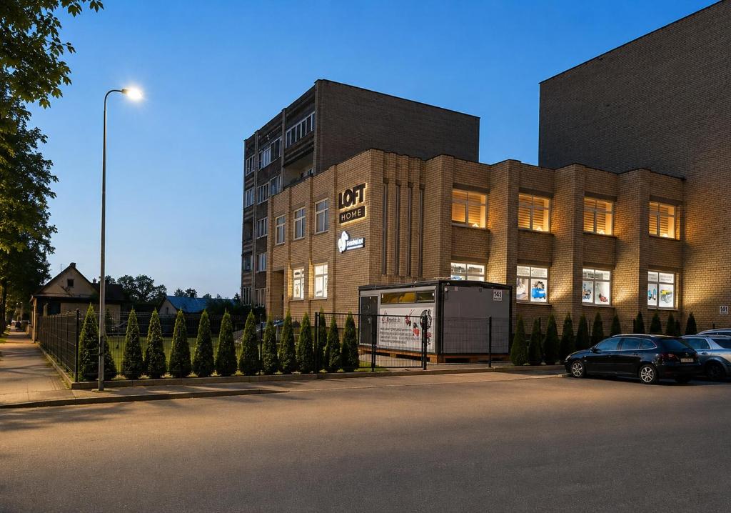 a building with cars parked in front of it at LOFT Home in Daugavpils