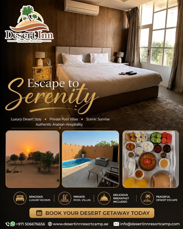 a flyer for a hotel room with a bed and a pool at Desert Inn Resort and Camp in Ras al Khaimah