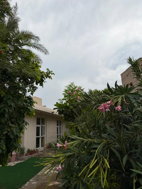 a house with pink flowers in the yard at AL- aqyr Rest Garden أستراحة حارة العقر in Nizwa
