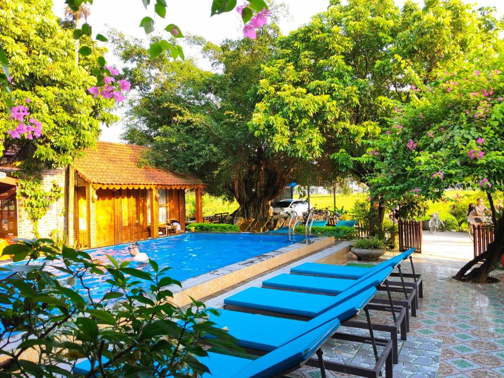 a swimming pool with blue loungers in a yard at Tam Coc Sunshine Homestay in Ninh Binh