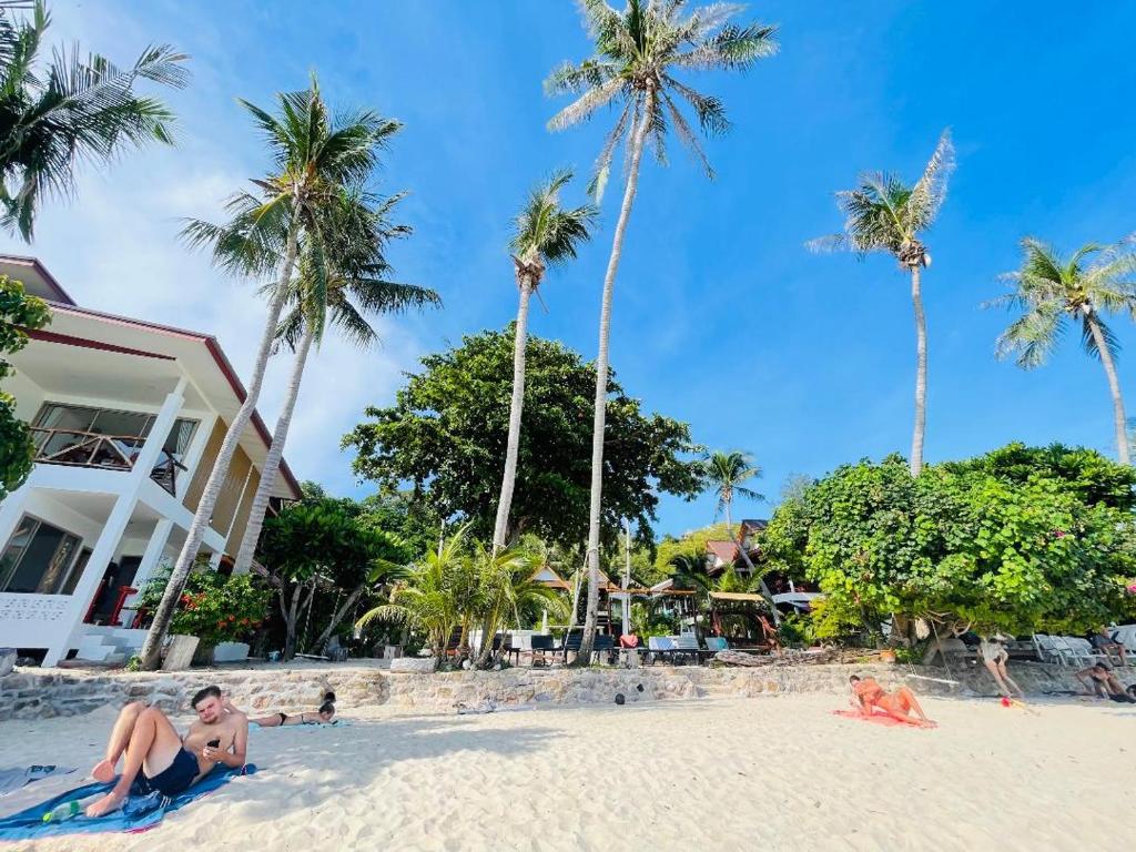 a group of people sitting on a beach with palm trees at Big Fish Resort Koh Tao in Ko Tao