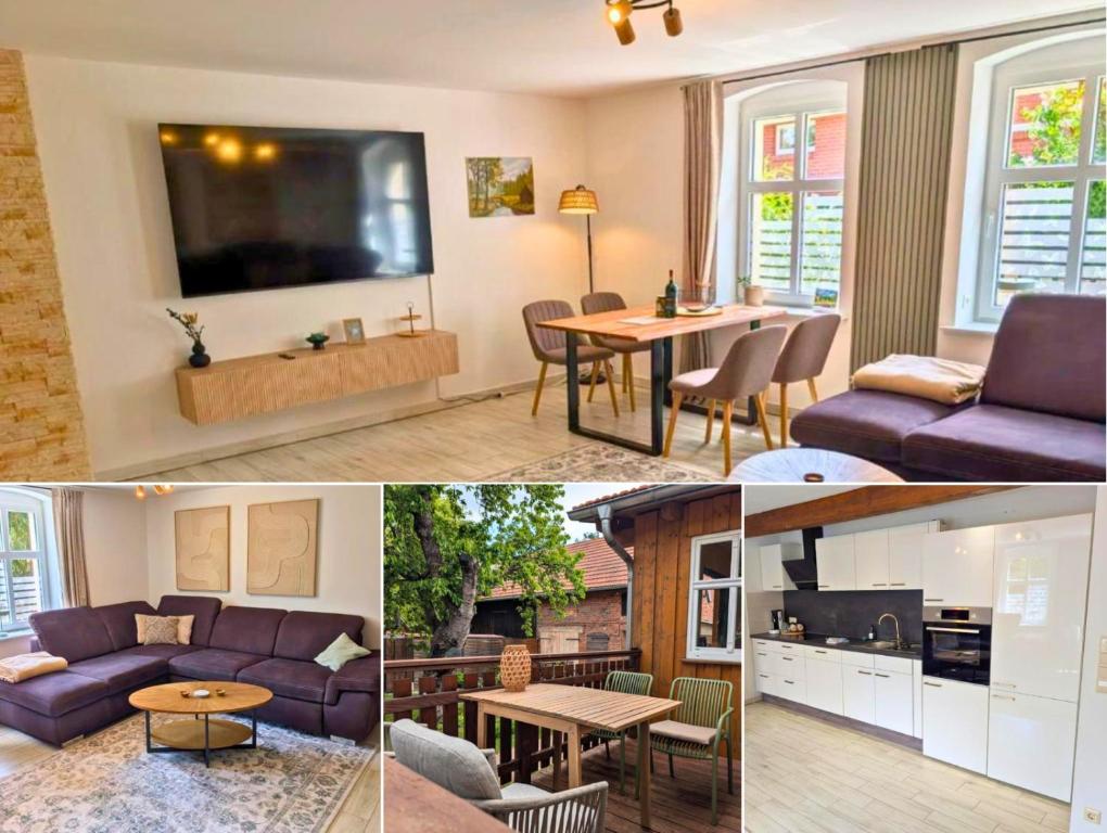 a collage of pictures of a living room and a kitchen at Hofidyll Burg - ruhige 75qm FeWo im Zentrum mit Terrasse & Biergarten - bis 6 Personen in Burg