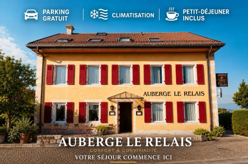 a building with red white and red shutters at Auberge Le Relais in Chavannes-de-Bogis