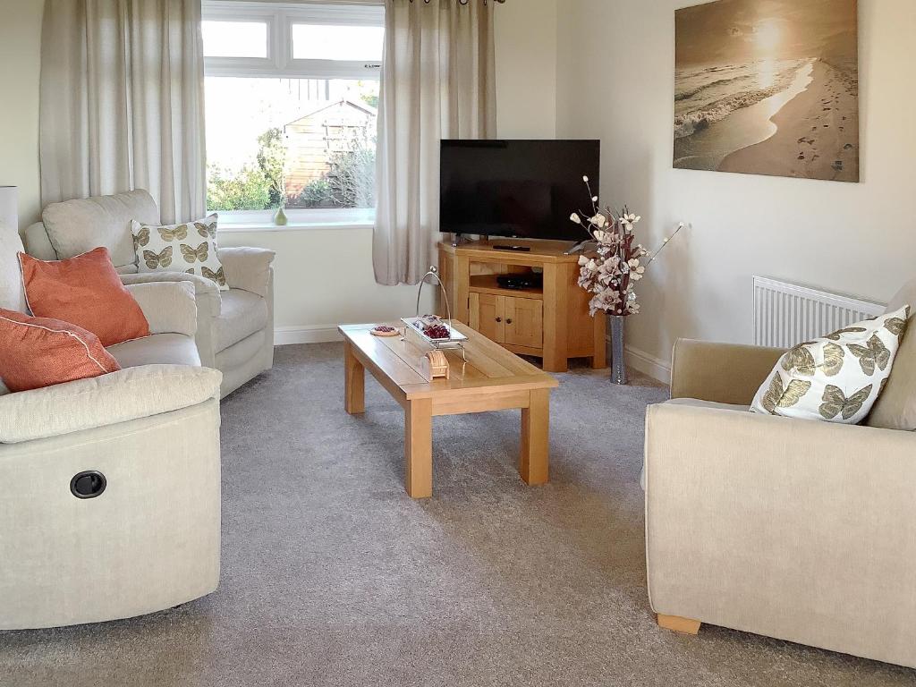 a living room with two couches and a tv at California Halt in Scratby