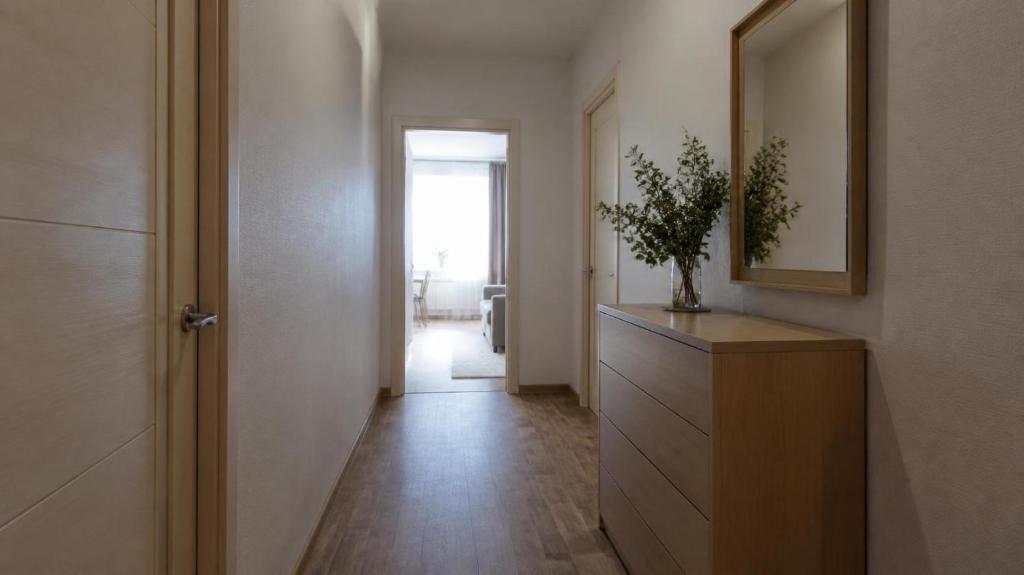a hallway with a mirror and a dresser with a plant on it at Boehring Apartments in Dötlingen