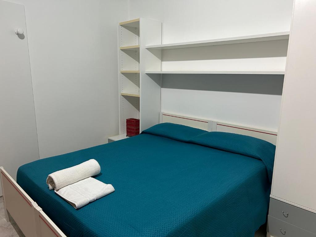 a bedroom with a bed with blue sheets and shelves at Residenza delle Rose in Viggianello