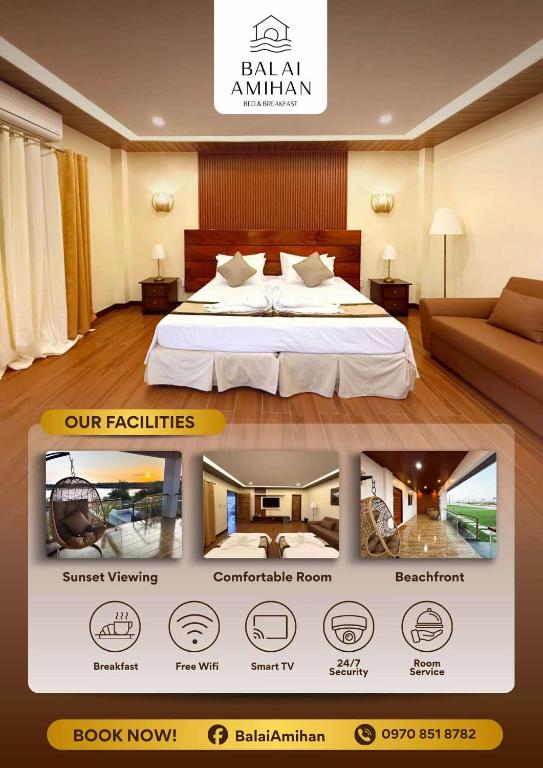 a poster of a bedroom with a bed and a couch at Balai Amihan Bed & Breakfast in Talisay