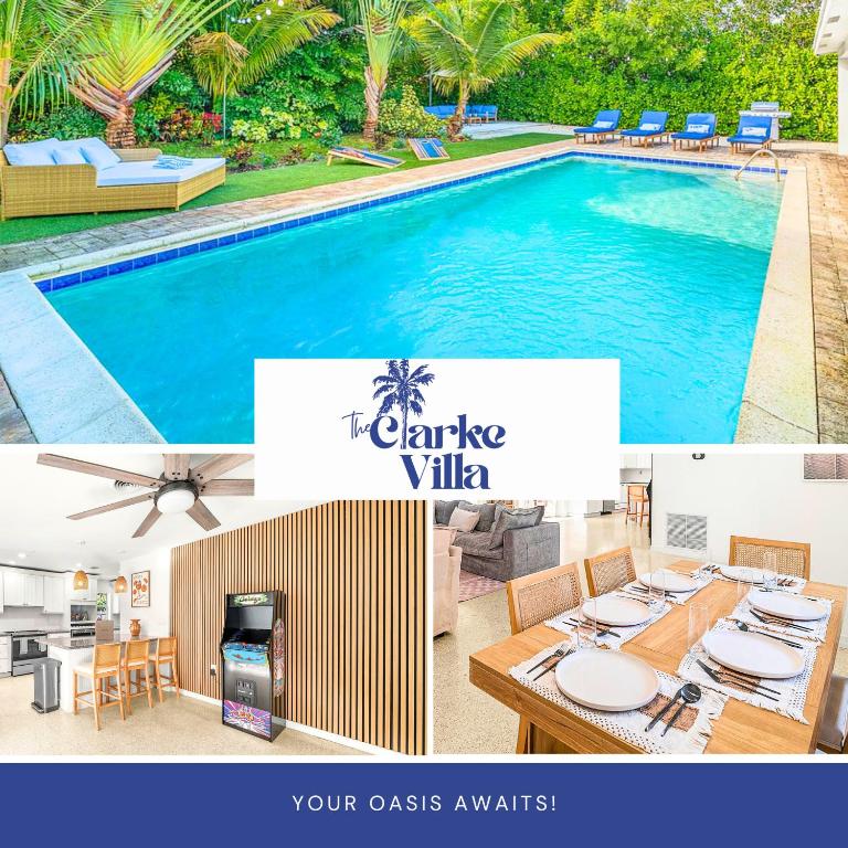 a collage of photos with a pool and a villa at Backyard Oasis with Pool & Games in West Palm Beach