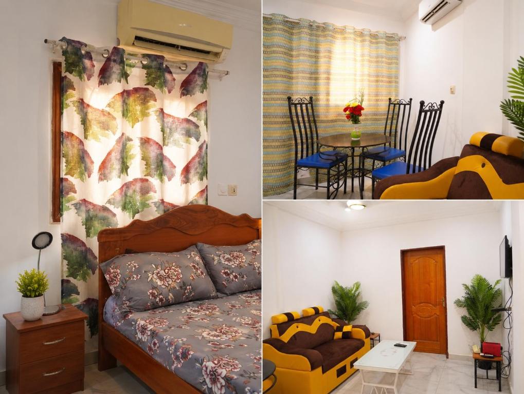 a bedroom and a living room with a bed and a table at Ouedraogo Property Management in Ouagadougou
