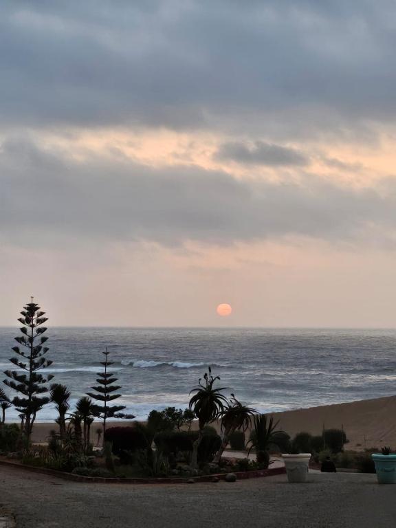 a sunset over the ocean with palm trees on the beach at L'Echappée Belle in Sidi Boû el Fedâïl