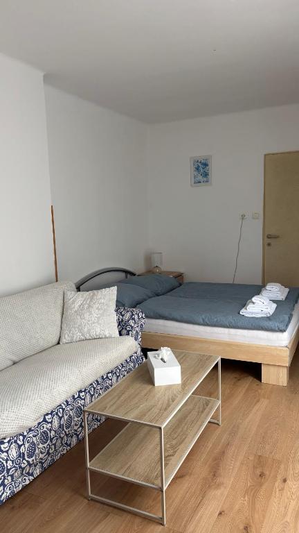 a living room with a bed and a couch at Matějovec 6 in Český Rudolec