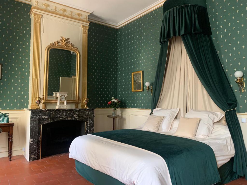 a bedroom with a bed and a fireplace and a mirror at Chateau de Mons Gard prés d Uzes in Mons