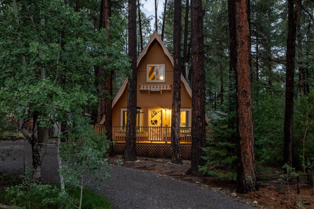 a small house in the middle of a forest at Hotevilla A-Frame Cabin with Wi-Fi & Pine Tree Views in Flagstaff