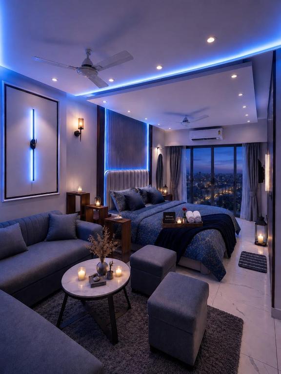 a living room with a bed and a couch at Myro stays in Ghaziabad