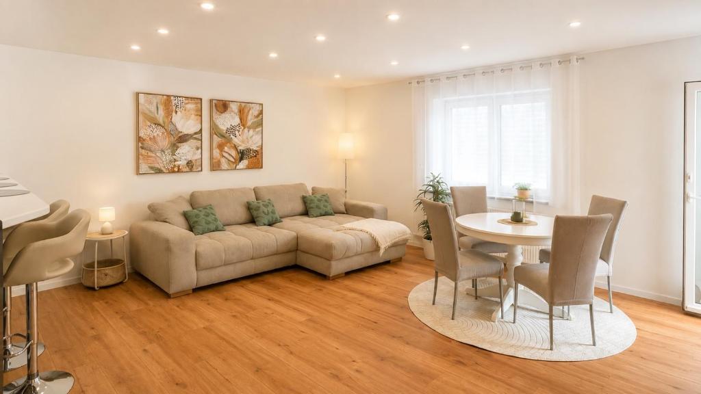 a living room with a couch and a table at Ferienwohnung Bayer in Gründau