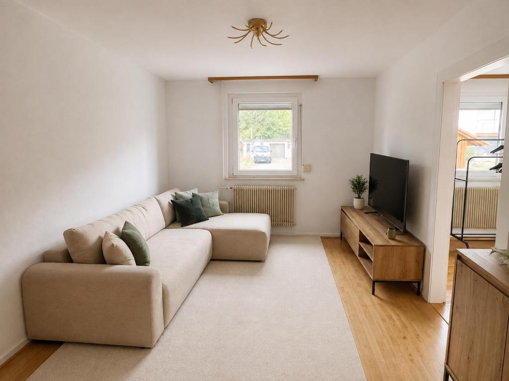 a living room with a couch and a tv at Danube Lodge in Hüfingen