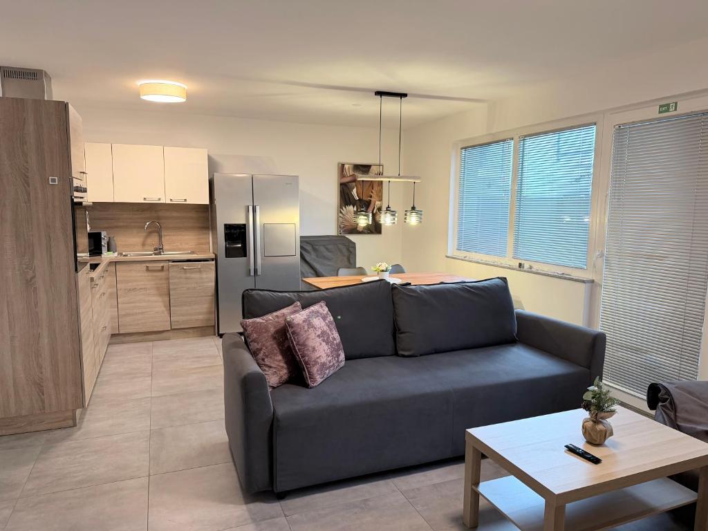 a living room with a couch and a kitchen at Pannonian Nest - app Rebolj in Moravske-Toplice