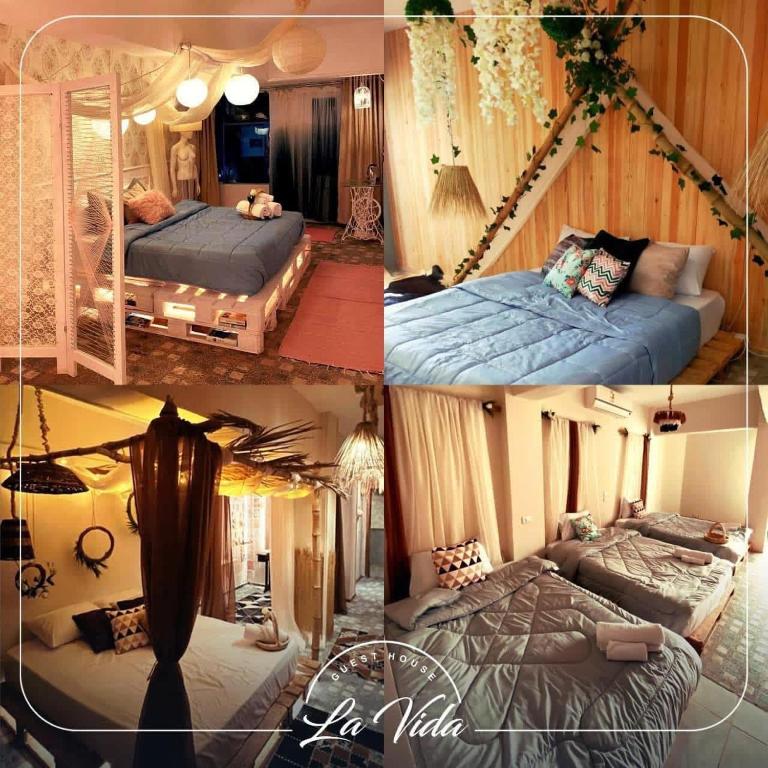 a collage of four pictures of a bedroom with beds at La Vida Dahab in Dahab