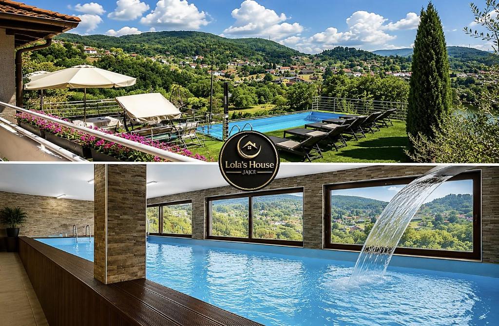 a collage of two pictures of a pool with a waterfall at Lola's House in Jajce