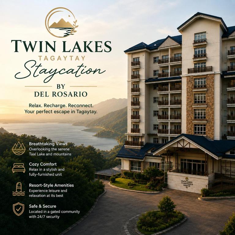 a poster for a hotel with a view of a building at Twin Lakes Tagaytay Staycation by JC Staycation in Balibaguhan