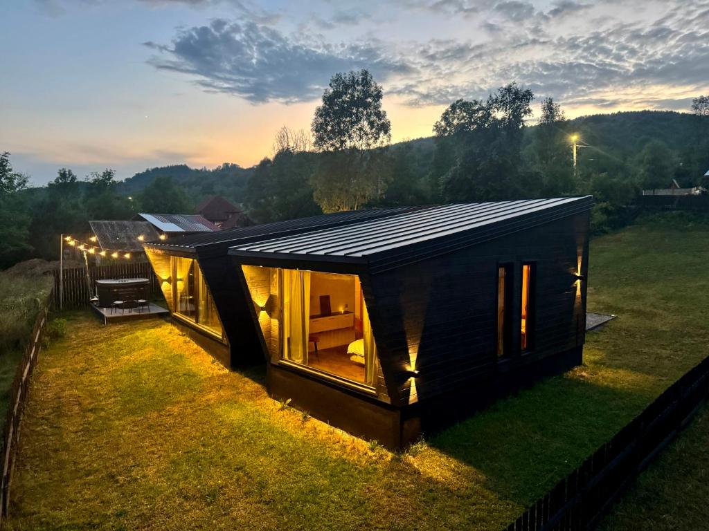 a small house with a solar roof in a field at WiNGS Retreat in Lupşa