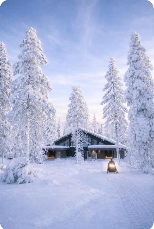 a house covered in snow in front of trees at Villa Blackreindeer in Kolari