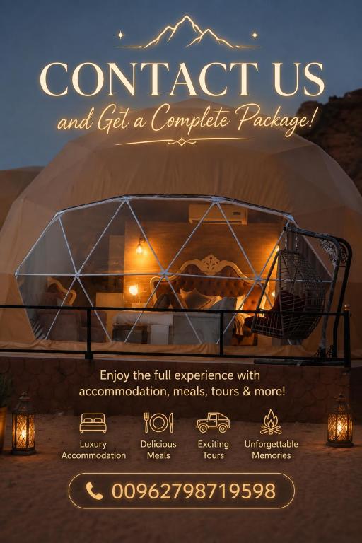 a poster for a tent with lights and a sign at Royal Desert View Camp in Wadi Rum