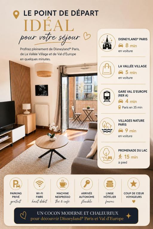 a flyer for a living room with a couch and a table at Parenthèse lumineuse près de Disney, Parking privé in Montévrain