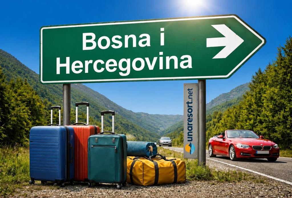 a street sign with luggage and a car on the road at Getaway Cottage in Drenova Glavica
