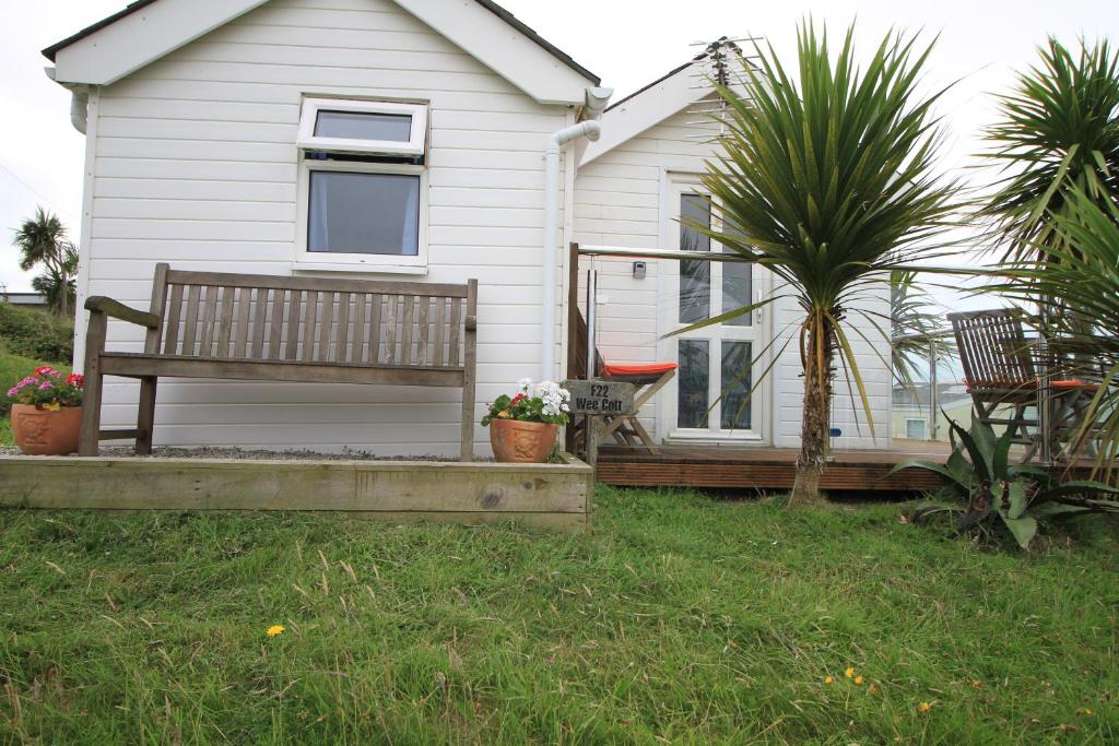 a house with a bench and a palm tree at Wee Cott in Hayle