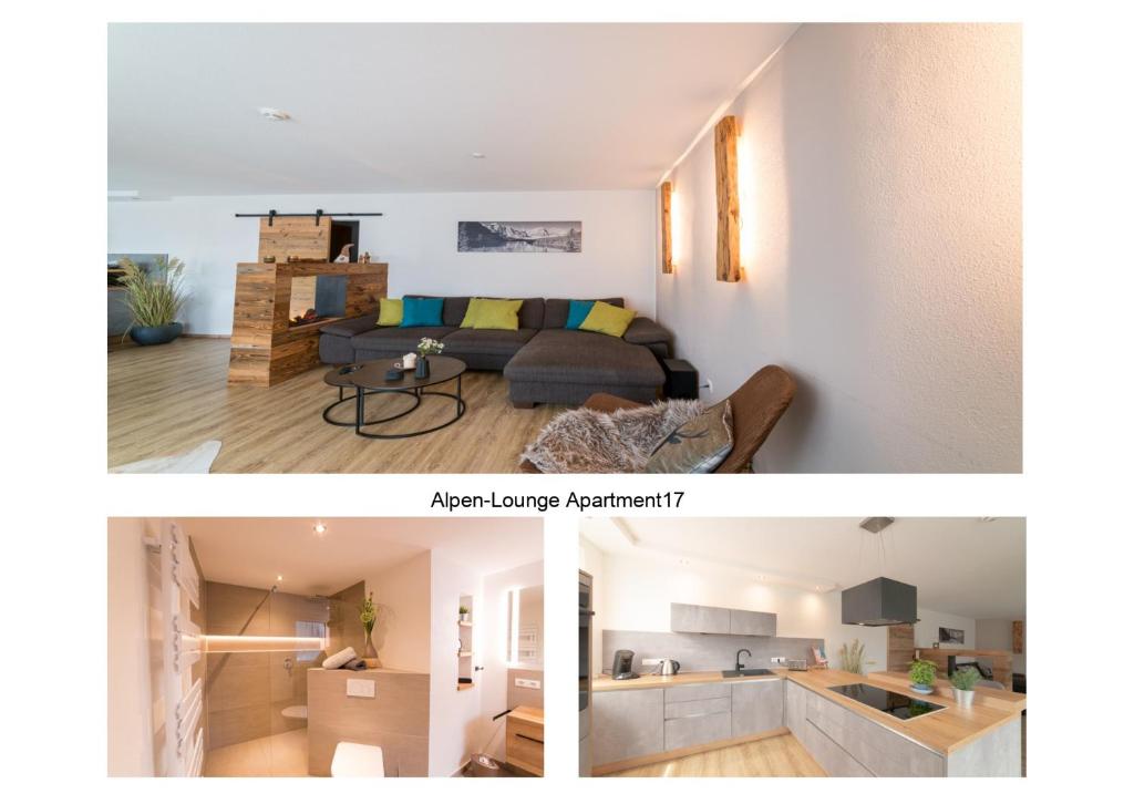 two pictures of a living room and a living room at Alpen-Lounge Apartment 17 Zillertal in Fügen