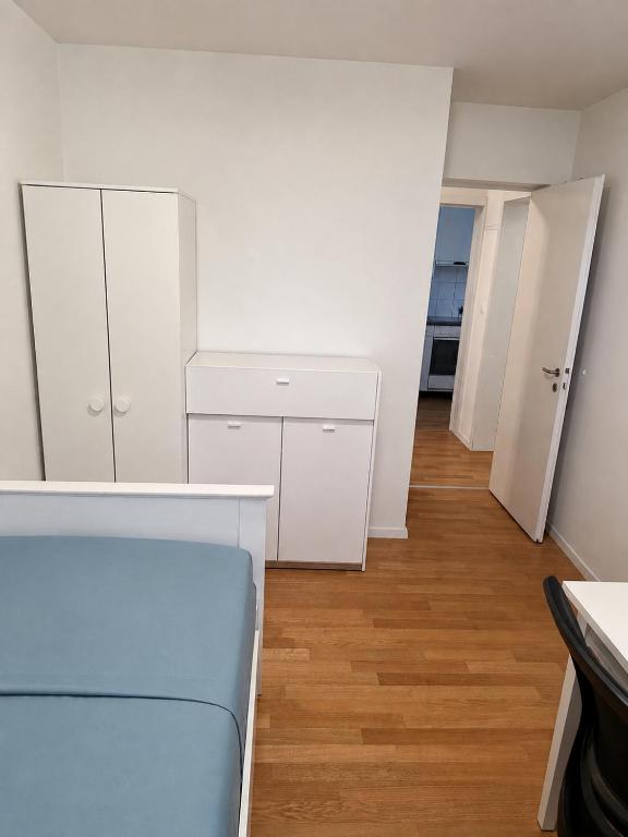 a room with white cabinets and a blue couch at Zurich Cozy Room in Zumikon