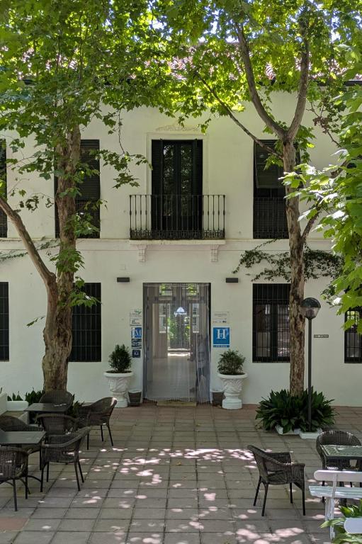 a building with a courtyard with chairs and trees at Hotel del Balneario in Tolox