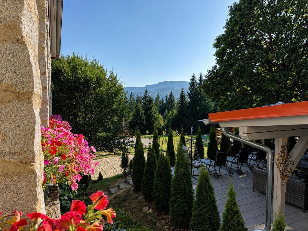 a patio with a bunch of trees and flowers at Maiers Hotel in Bayerisch Eisenstein
