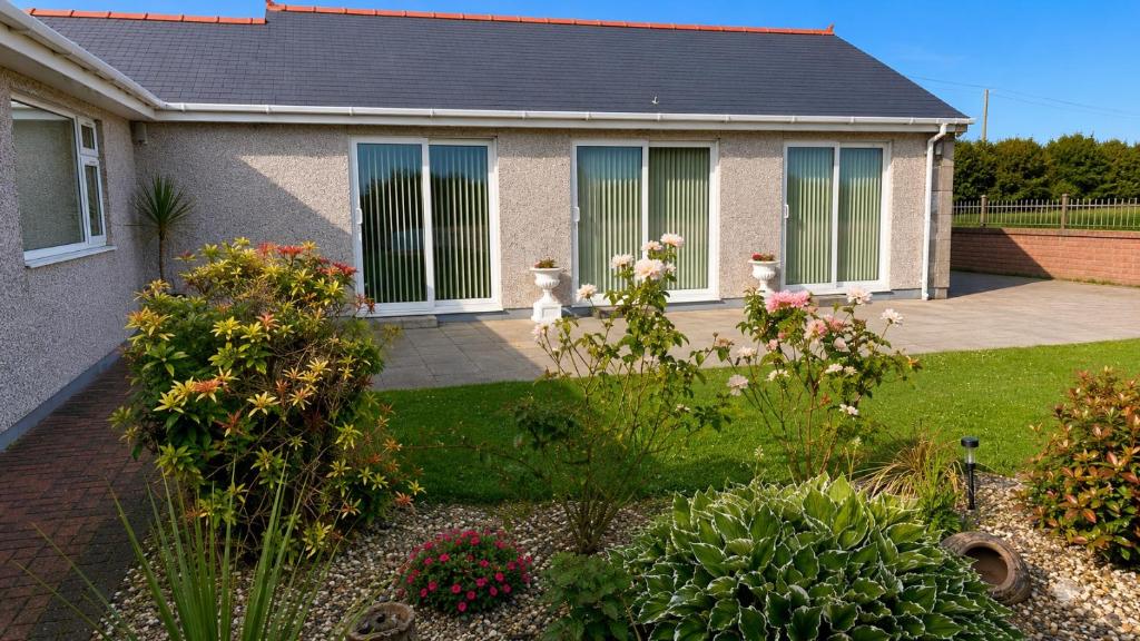 a house with two dogs sitting in the front yard at Coed Bach Suite in Bryngwran