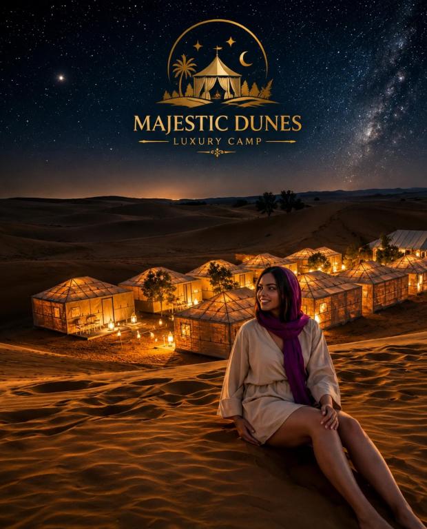 a woman sitting in the desert at night at Majestic Dunes Luxury Camp in Merzouga