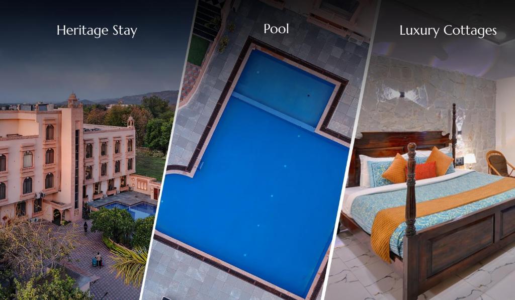 a collage of photos of a hotel room with a blue door at Ranthambhore National Resort in Sawāi Mādhopur