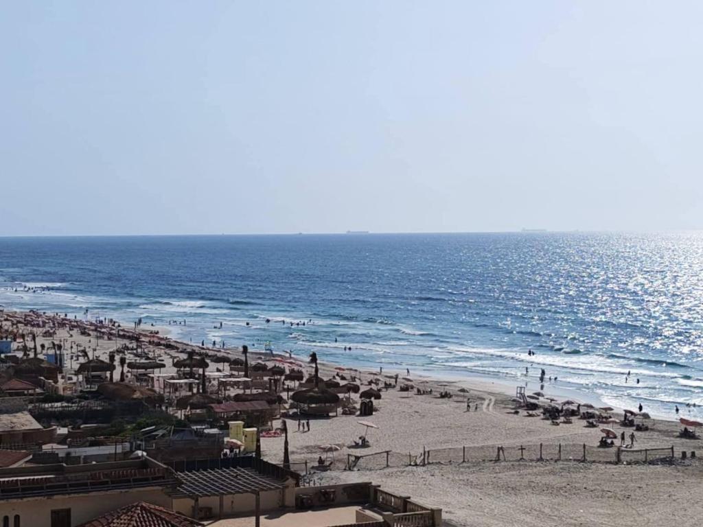 a beach with a lot of people and the ocean at لؤلؤة البحر in Alexandria