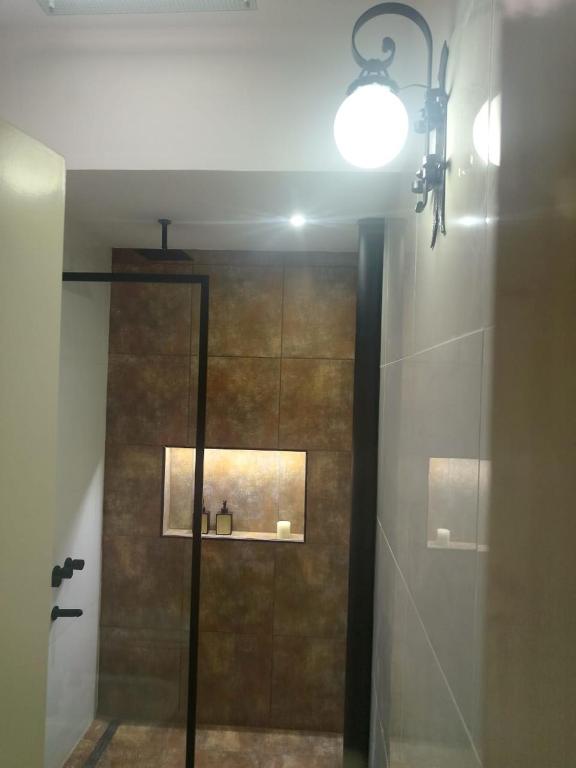 a bathroom with a shower with a glass door at Chispa in Santa Rosa