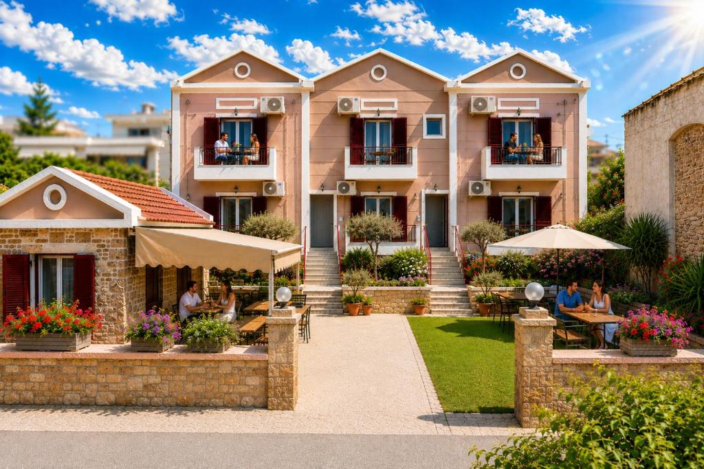 a pink house with people sitting at tables in front of it at Victoria Studios in Panagioúda