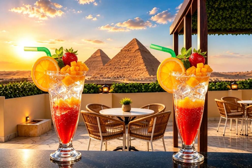 two cocktails on a table with a view of the pyramids at Tropitel Pyramids View Hotel in Cairo