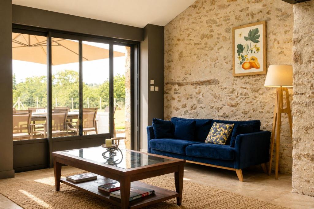 a living room with a blue couch and a table at La borderie de Beauregard in Treize-Vents