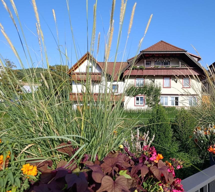 a garden with flowers in front of a building at Ferienwohnung Schelklewiese in Baiersbronn