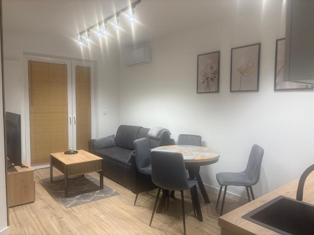 a living room with a couch and a table at Noir2 Gniezno in Gniezno