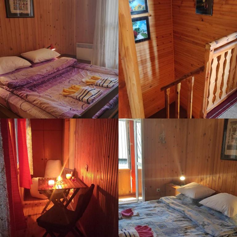 two pictures of a room with a bed and a staircase at ApartmanMN in Žabljak