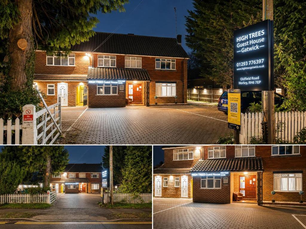 two pictures of a house with lights in front of it at High Trees Guest House Gatwick in Horley