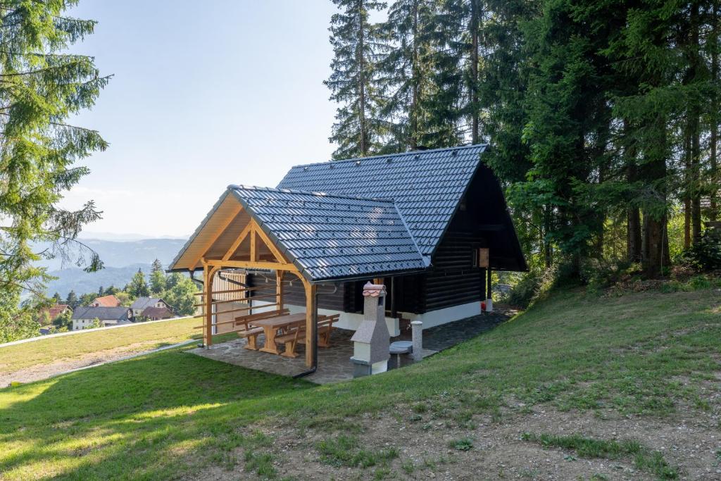 a small cabin with a solar roof on a hill at Raj pod vrhom in Poljane nad Škofjo Loko