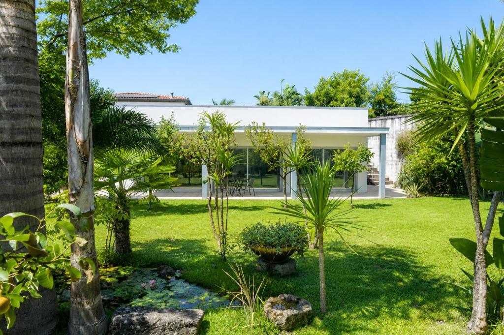 a garden with palm trees and a building at Casa da Tapada - Grupo Casas Vale do Lima in Ponte de Lima