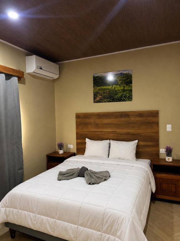 a bedroom with a large white bed with a wooden headboard at Boaco Suites - Apartments in Boaco